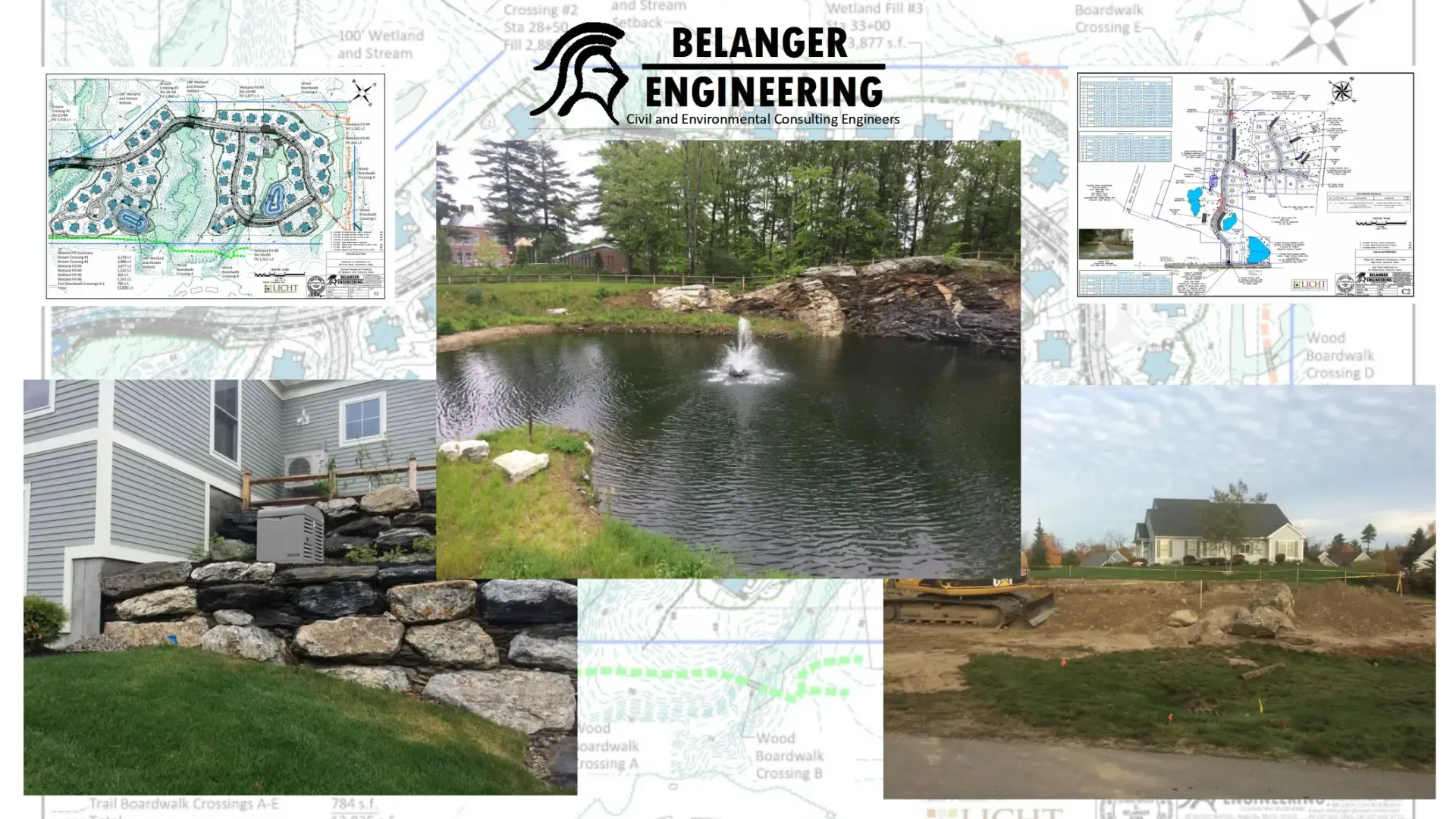 A collage of pictures of a pond and a house.