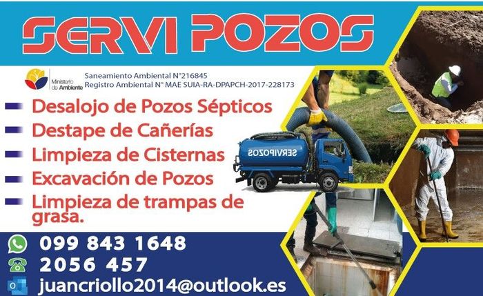 Banner para “Servi Pozos” con servicios de limpieza de fosas sépticas, cisternas y excavación de pozos, diseño amarillo y azul.
