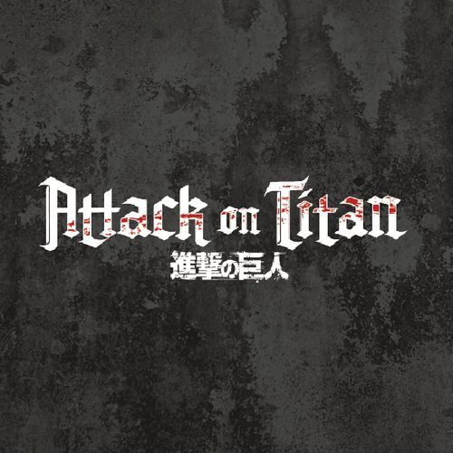 Attack on Titan logo on a distressed gray background. White text with red accents, Japanese characters below.