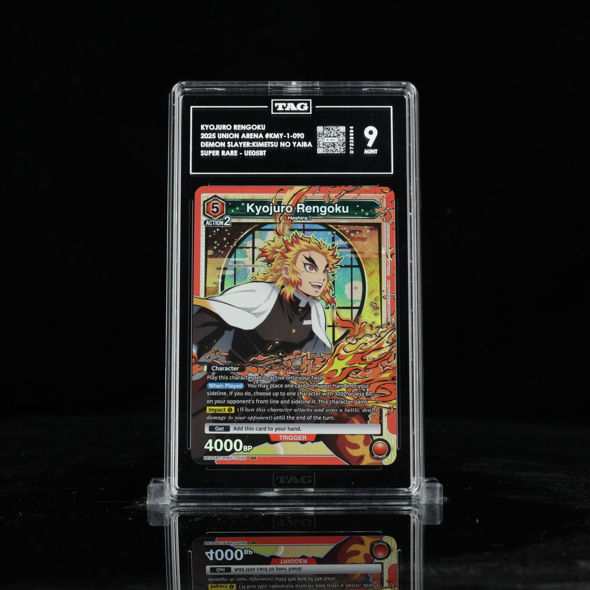 A graded trading card of Rengoku from Demon Slayer, in a black case, rated 9.