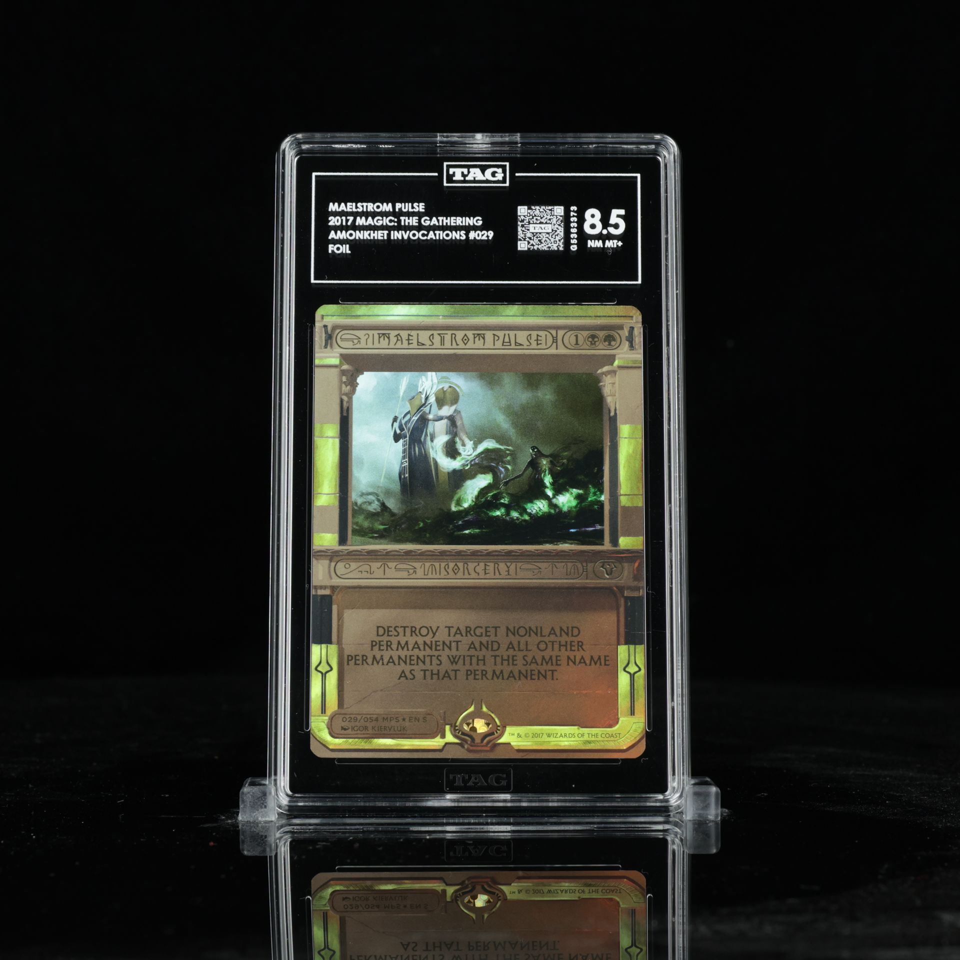 A graded Magic: The Gathering card, in a protective case.