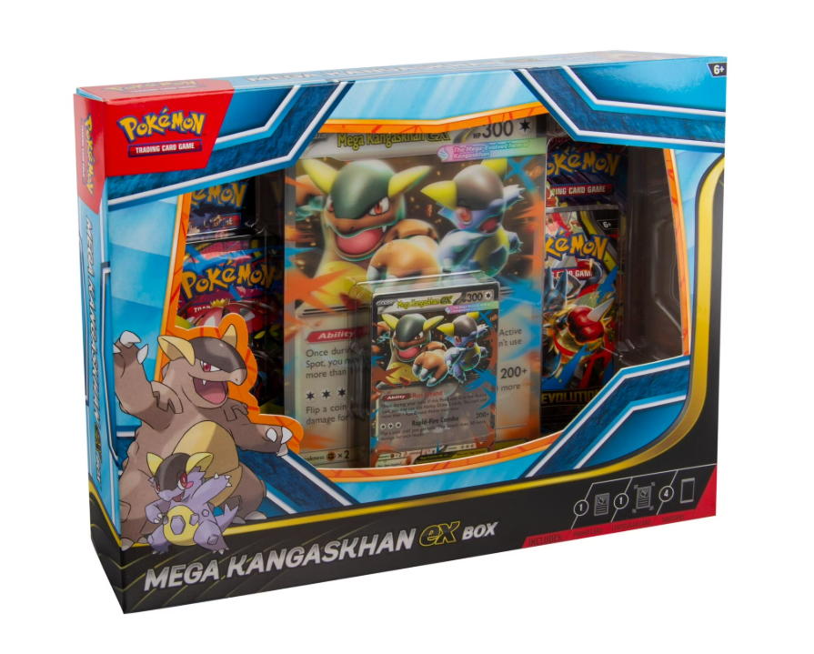Pokémon Mega Kangaskhan GX Box with cards and booster packs. Blue, red, and yellow box.