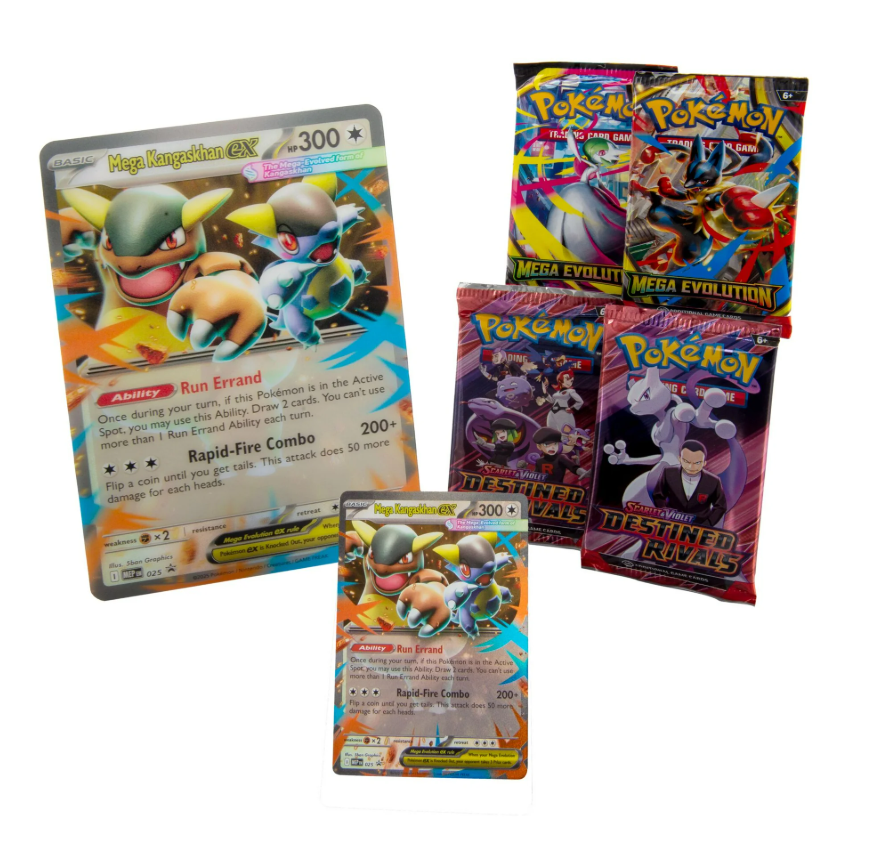 Pokémon Mega Kangaskhan GX Box with cards and booster packs. Blue, red, and yellow box.