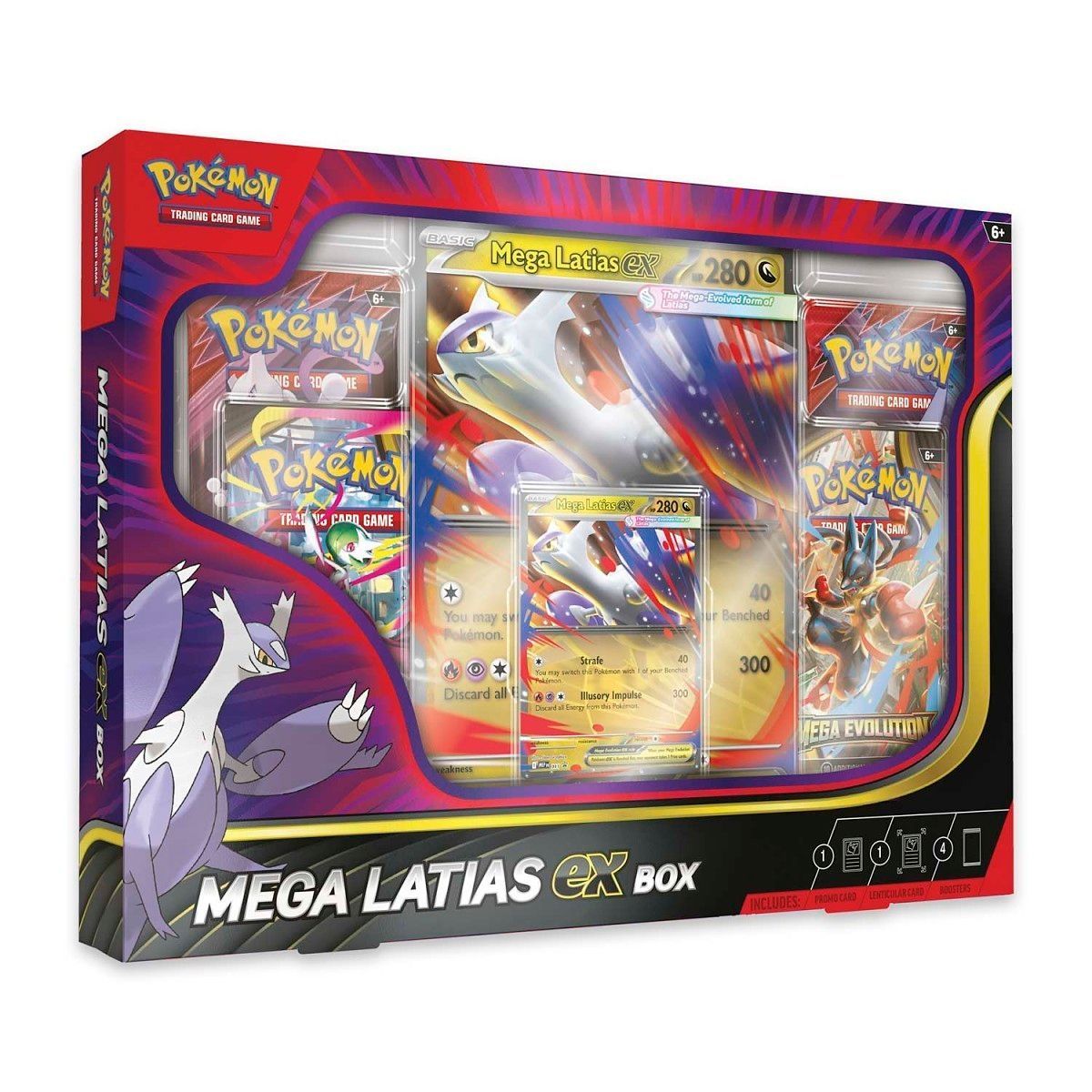 Mega Latias GX Pokemon card box, with promotional cards and booster packs. Red and purple packaging.