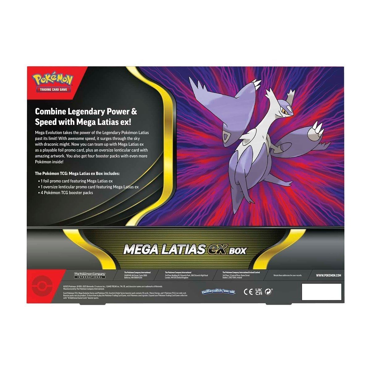 Mega Latias GX Pokemon card box, with promotional cards and booster packs. Red and purple packaging.