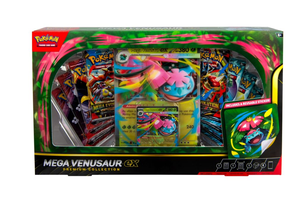 Mega Venusaur EX Collector's Box featuring the Pokémon card and booster packs, with green and pink accents.