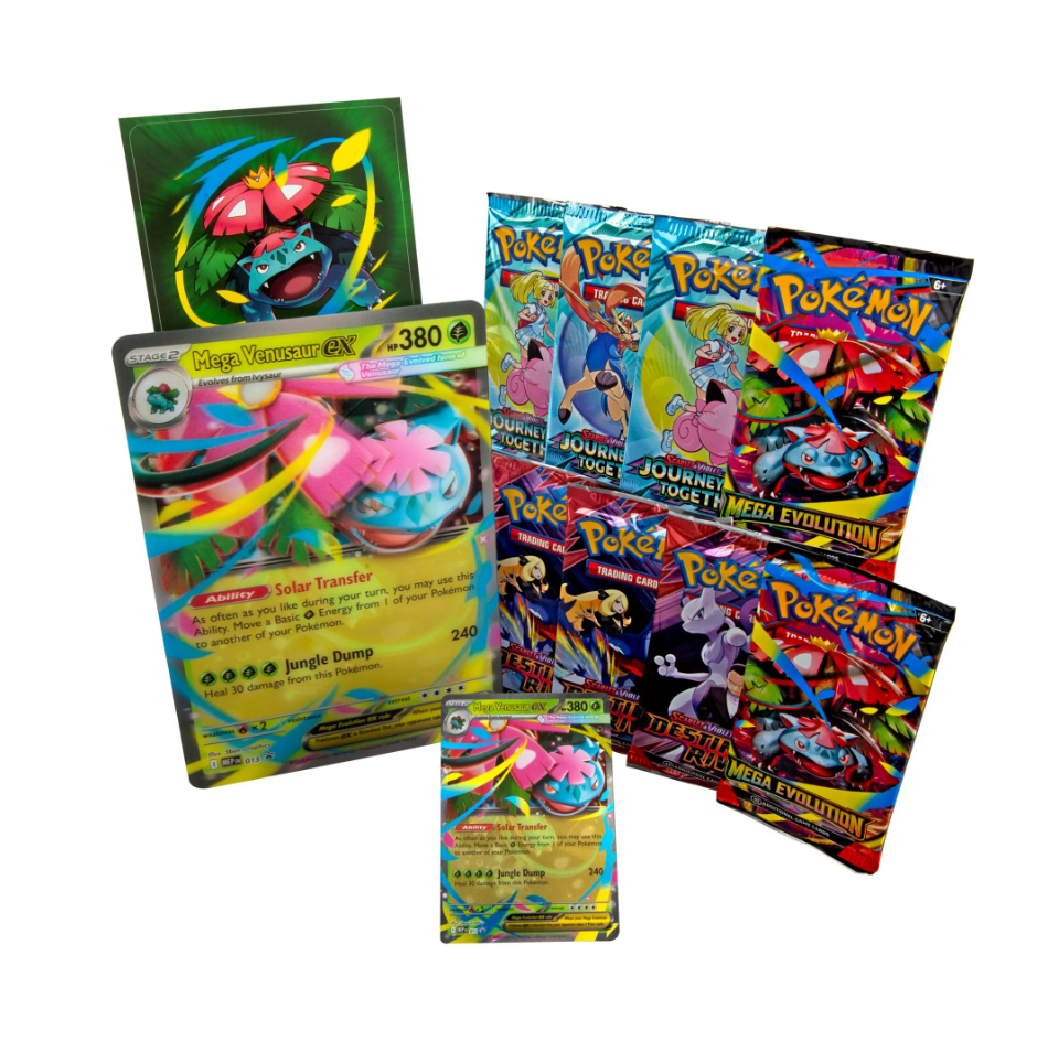 Mega Venusaur EX Collector's Box featuring the Pokémon card and booster packs, with green and pink accents.