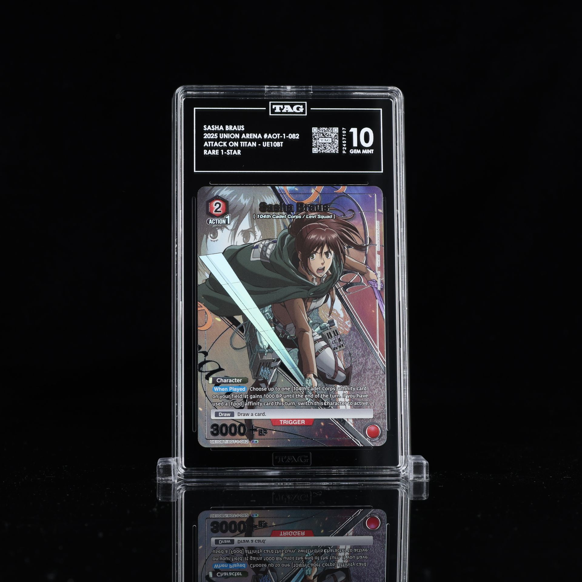 Graded trading card of a character from Attack on Titan, encased in a black holder, displaying a grade of 10.