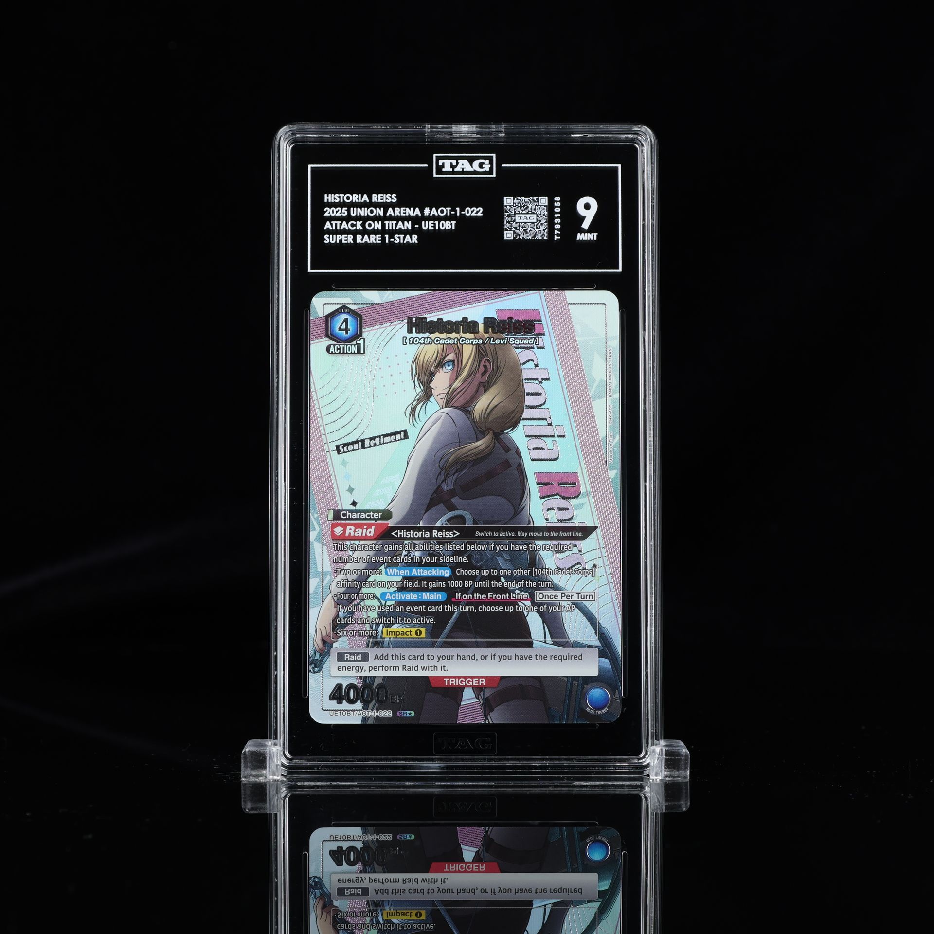 A graded trading card, featuring a woman, encased in a plastic holder, displayed on a black surface.