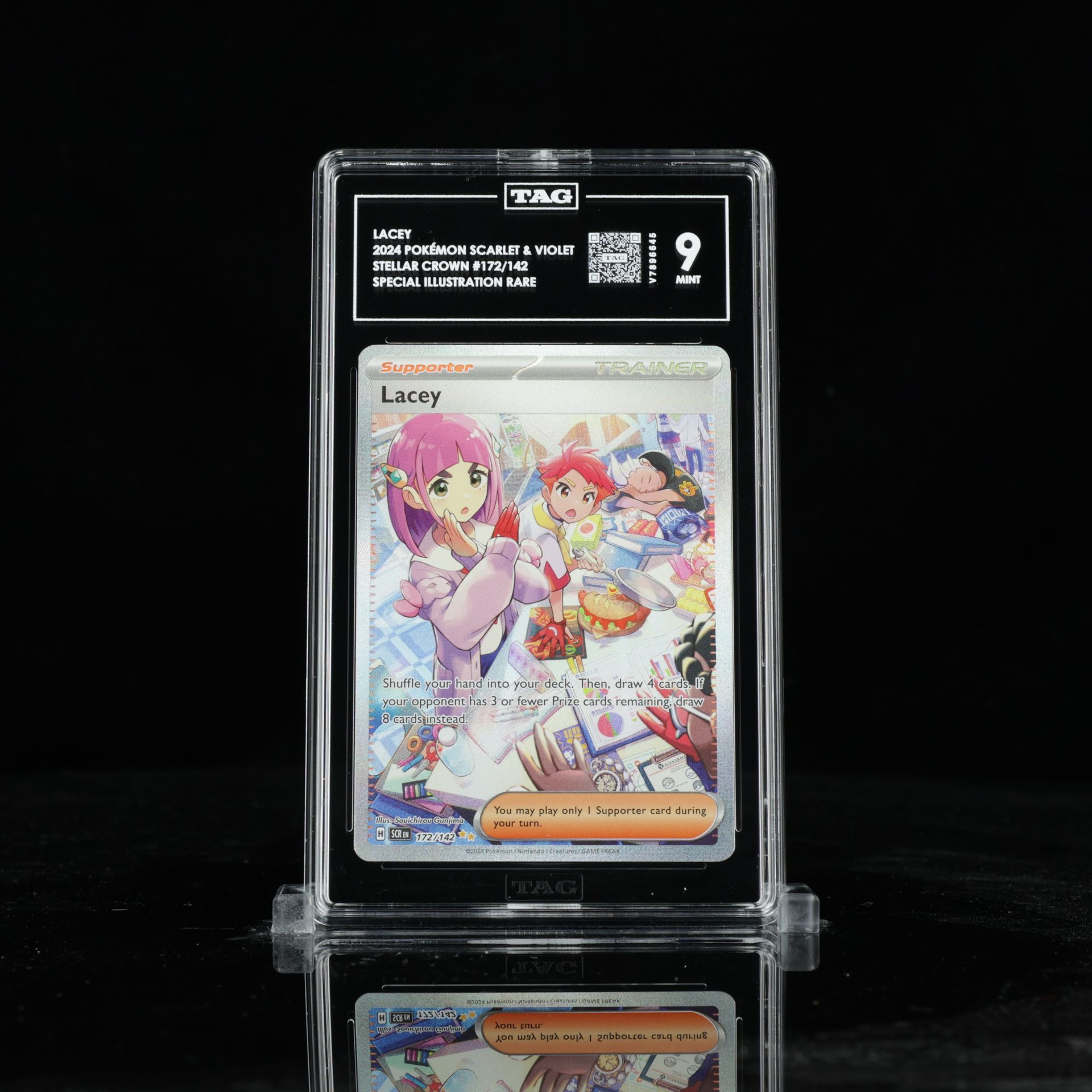 Pokemon card graded 9 by TCG in a black holder, depicting Lacy