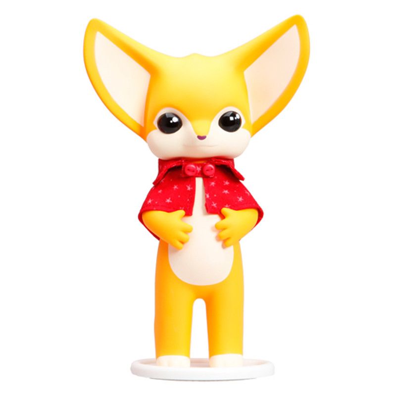 Yellow Fennec Dona fox with large ears, wearing a red cape, standing on a white base.