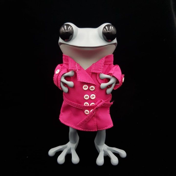 Gray frog figurine in a bright pink trench coat, arms crossed, on black background.