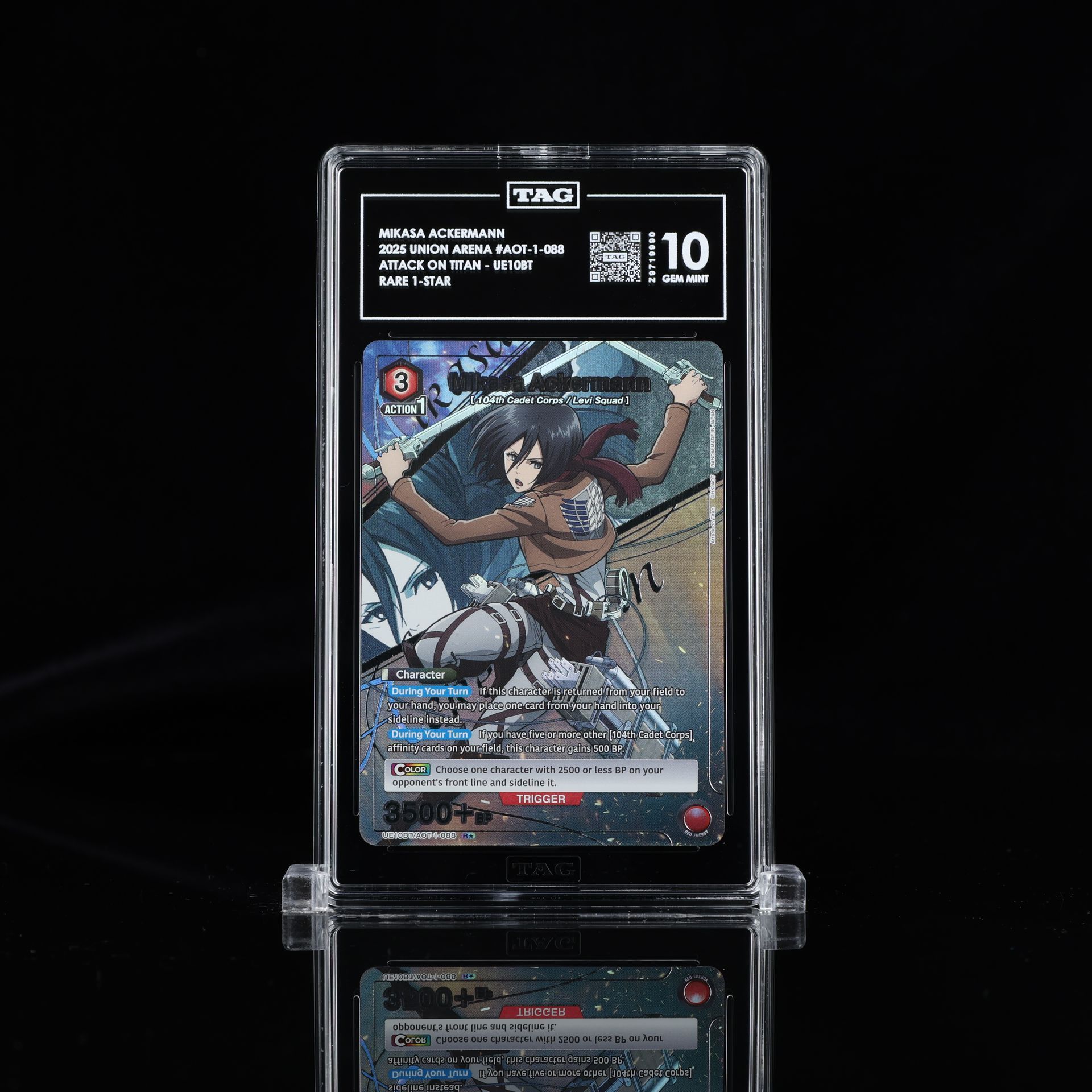 Graded trading card of Mikasa Ackerman from Attack on Titan, encased in a clear holder, graded a 10.
