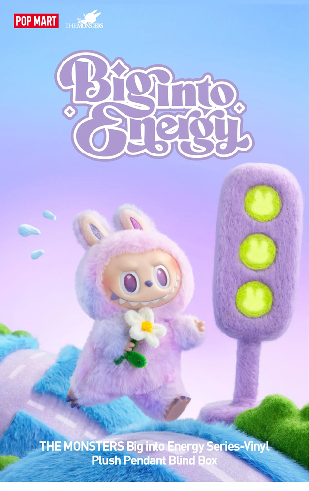 The Monsters Big Into Energy Series blind box. A fluffy rabbit-like figure holding a flower, next to a fuzzy traffic light.
