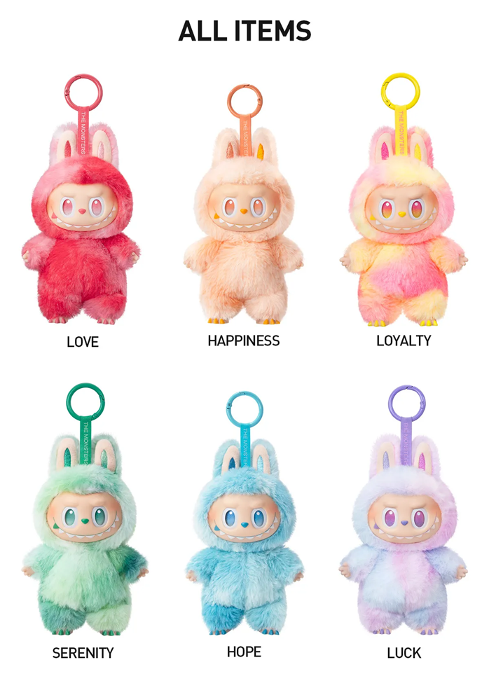 The Monsters Big Into Energy Series blind box. A fluffy rabbit-like figure holding a flower, next to a fuzzy traffic light.