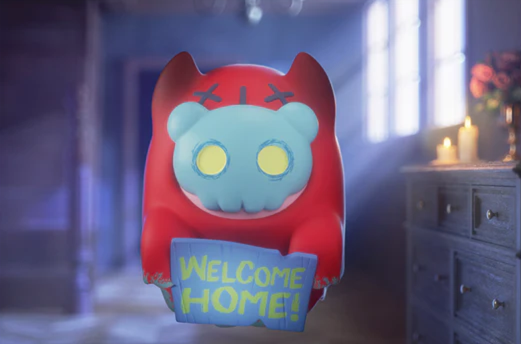 Red monster with skull face, holding a 