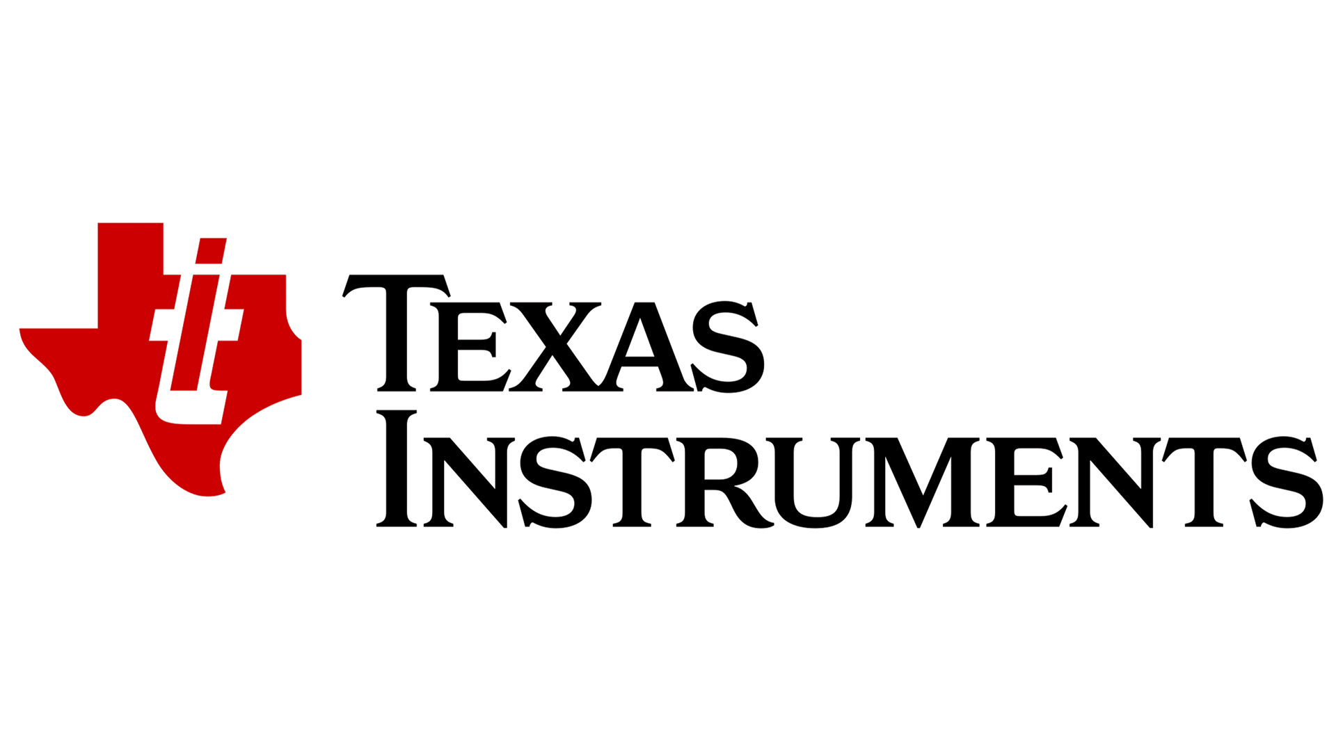 Texas Instruments logo: red Texas shape with white TI logo, black text.