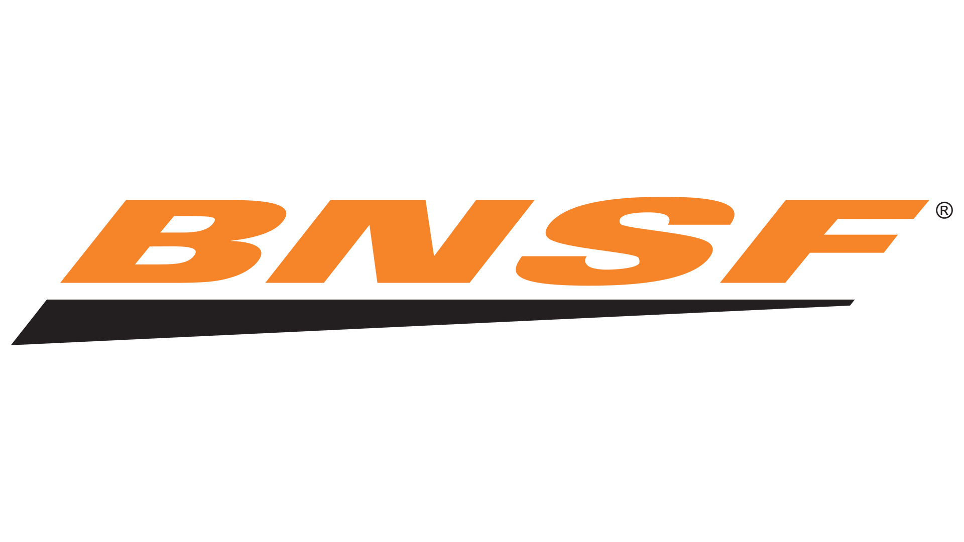 BNSF logo in orange text, with a black angled stripe underneath, on a white background.