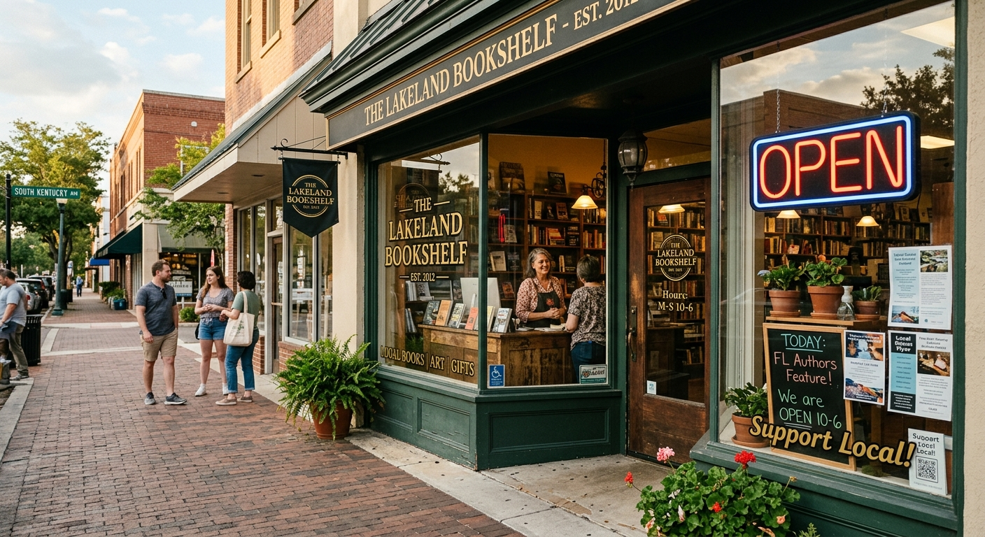 Small business owner reviewing insurance documents at a desk in a Lakeland Florida storefront office