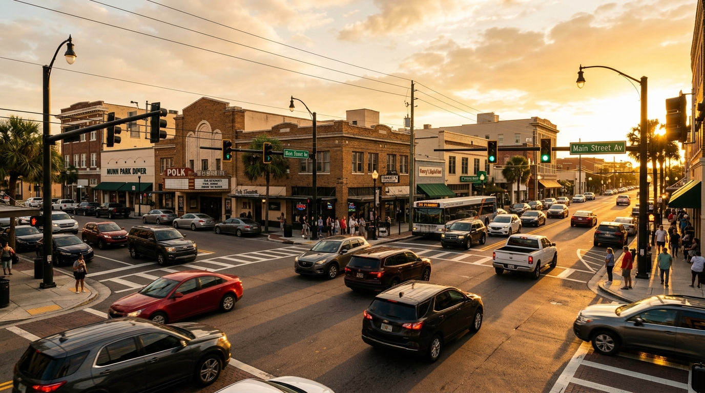 Lakeland Florida street with cars driving past palm trees on a sunny afternoon