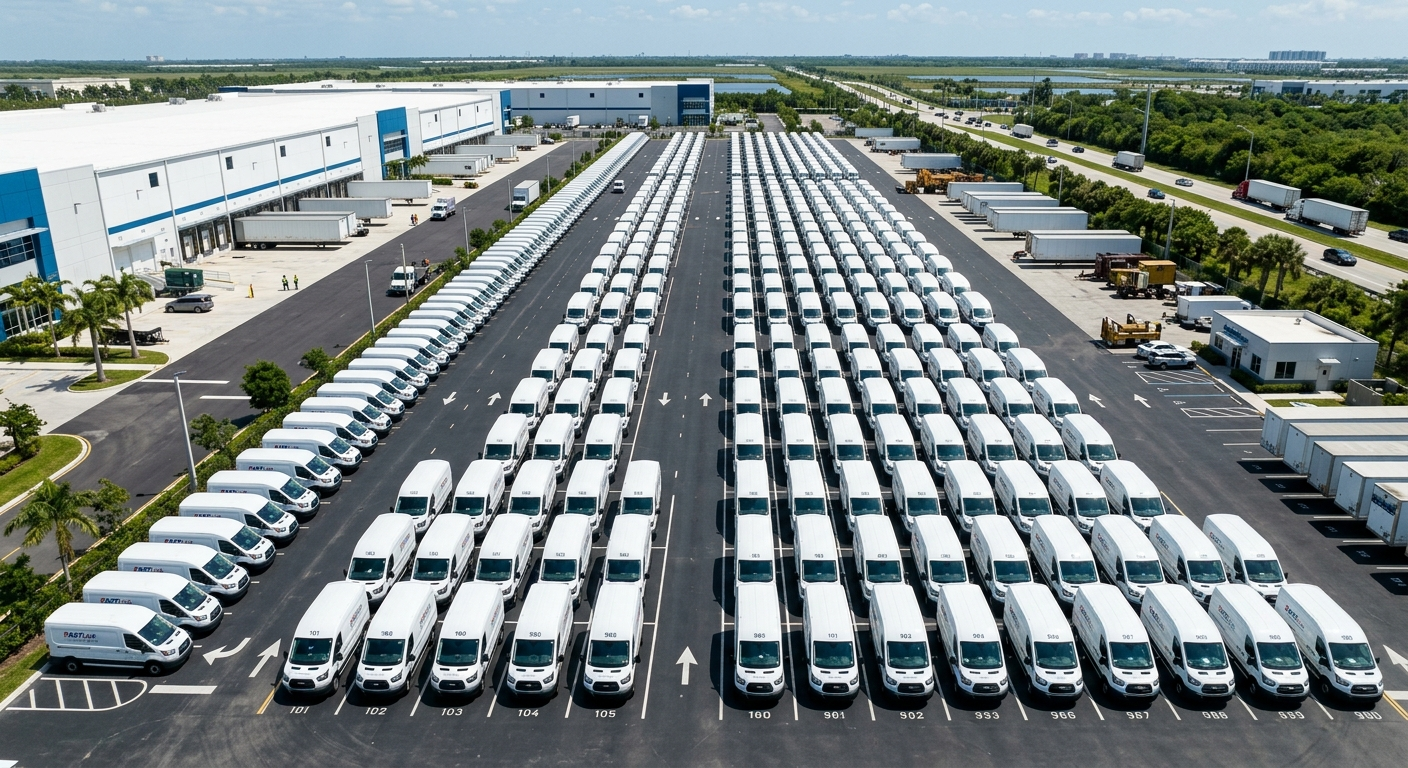 A line of branded commercial work vans parked outside a Florida business facility on a clear morning