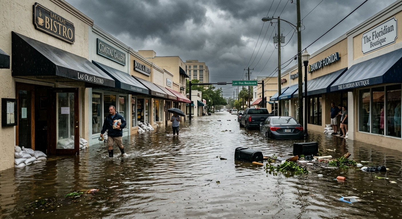 Floodwater rising around a commercial building in Florida after a heavy storm, with water reaching the storefront entrance