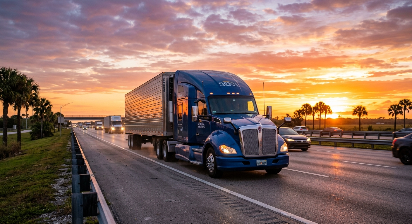 Large commercial semi-truck driving on a Florida highway on a sunny day with palm trees visible in the background