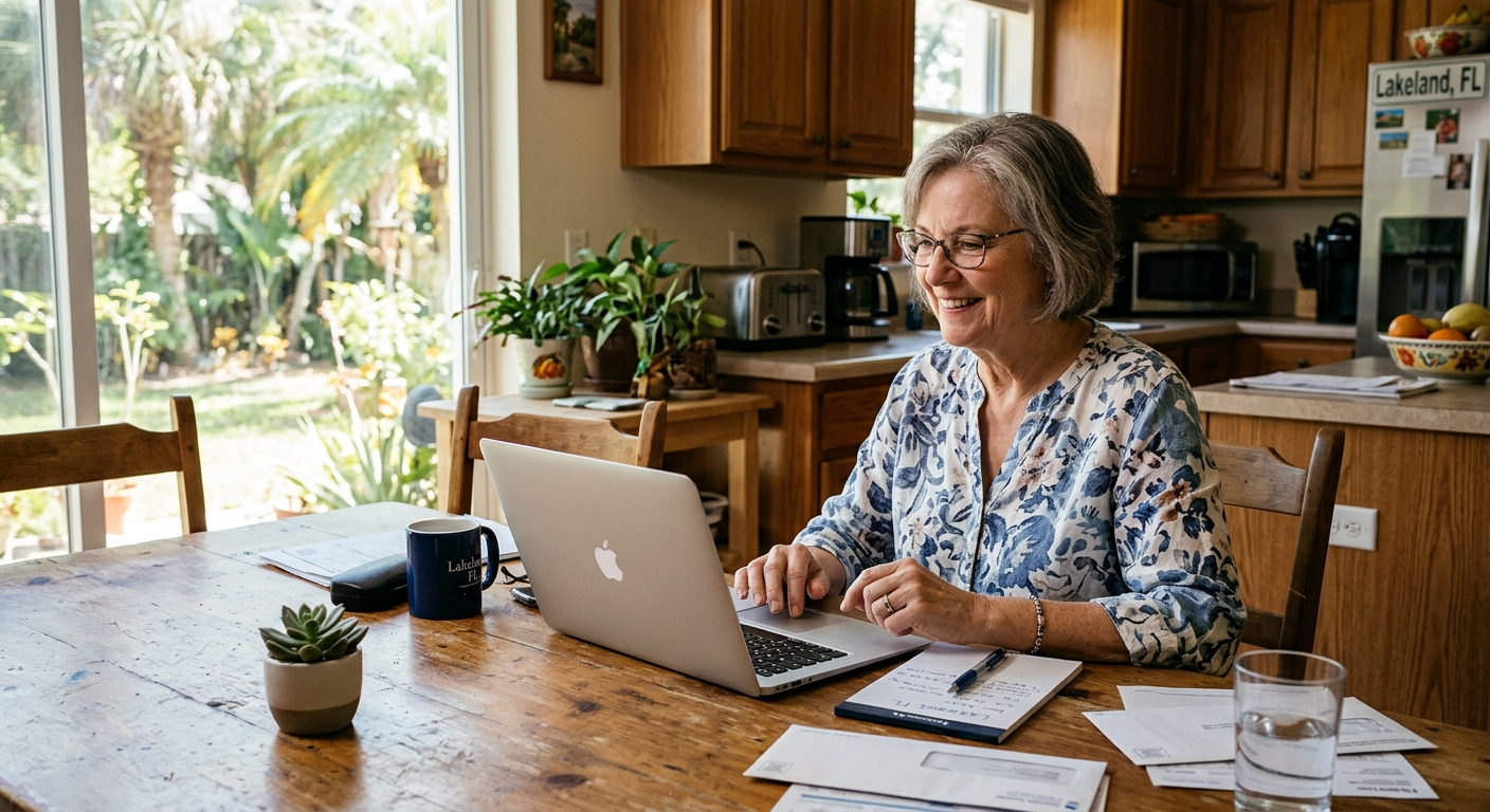 Person reviewing printed car insurance quotes at a desk in a Lakeland, Florida office with a laptop open beside them
