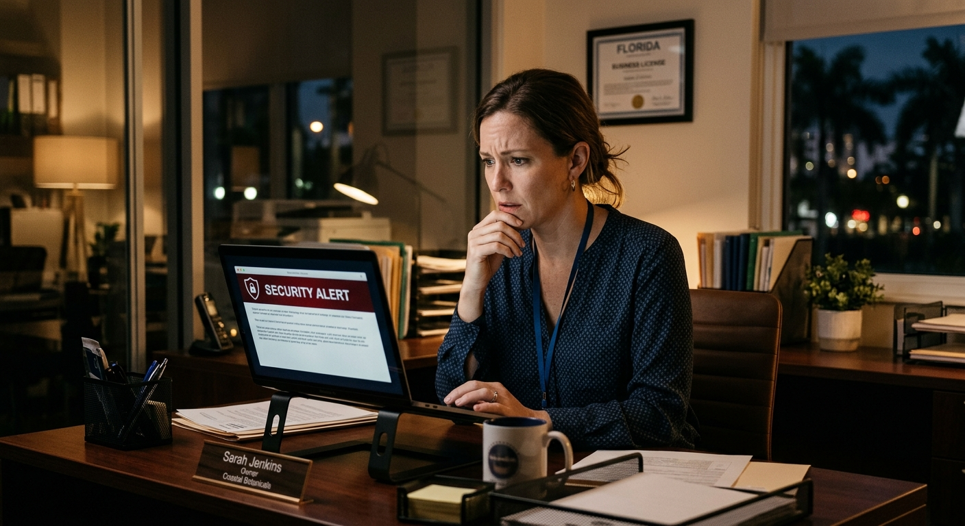Small business owner reviewing data security alerts on a laptop computer at a desk inside a Florida retail shop