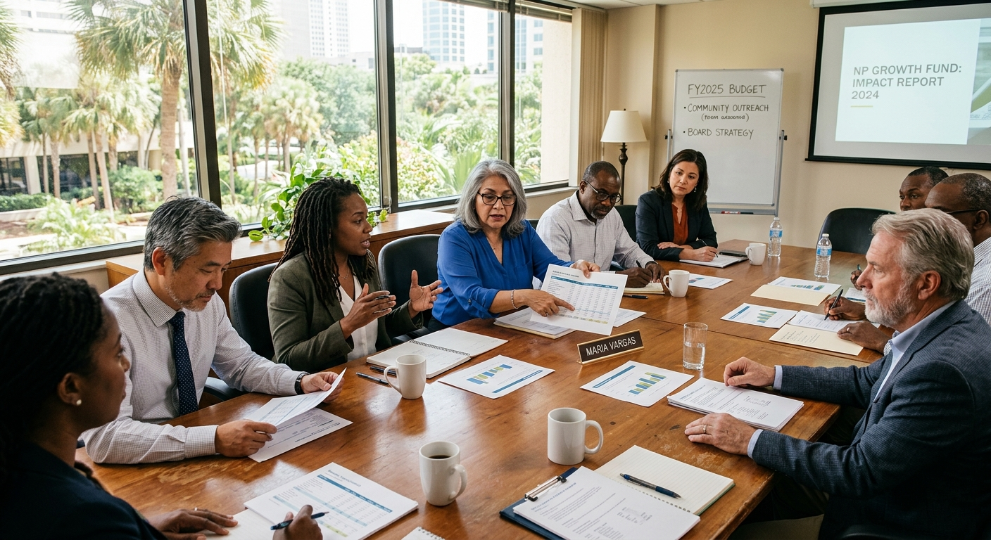 Nonprofit board members sitting around a conference table reviewing documents at a Florida community organization meeting