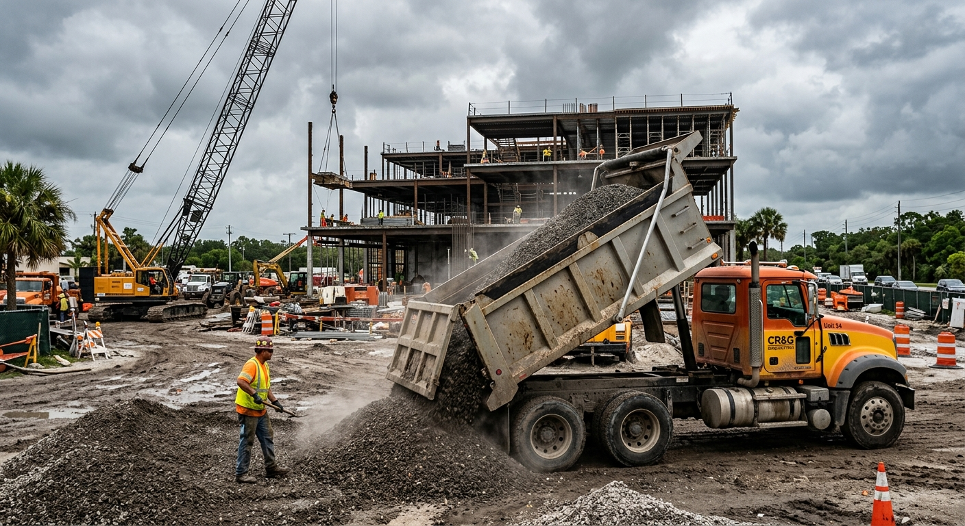 Orange dump truck on a Florida highway near a construction site under a bright midday sky