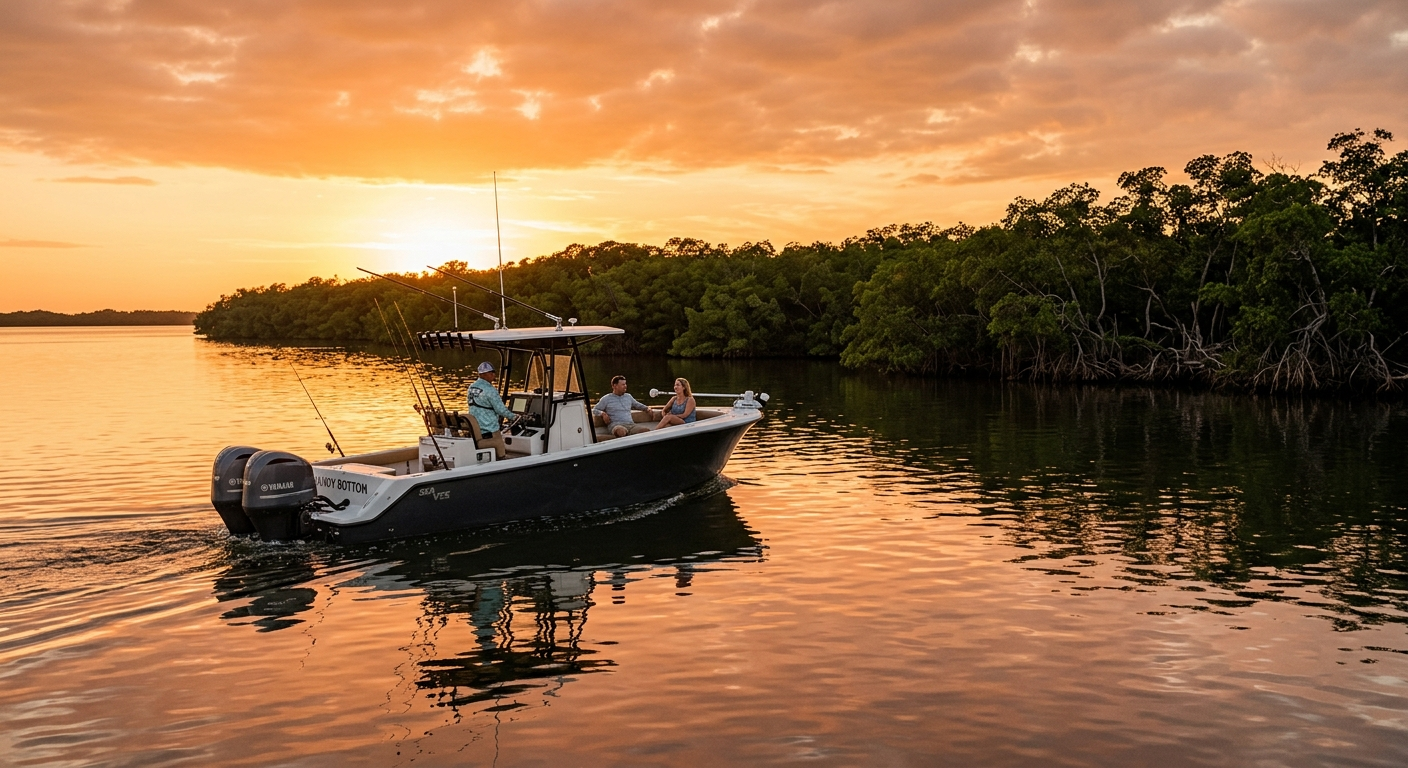 A bass fishing boat gliding across a calm Florida lake at sunrise with green shoreline in the background