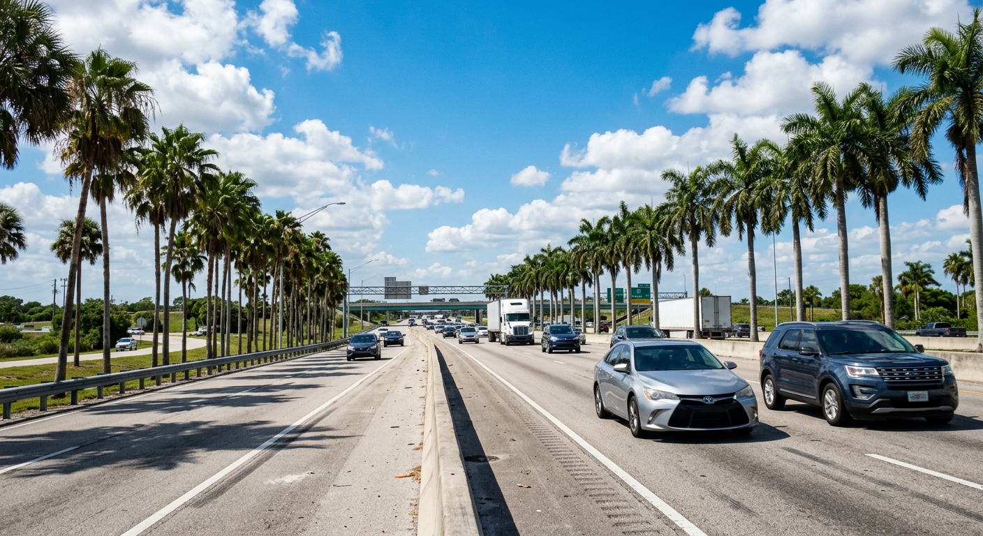 A Florida driver reviewing an auto insurance policy document at a desk with car keys and a phone nearby
