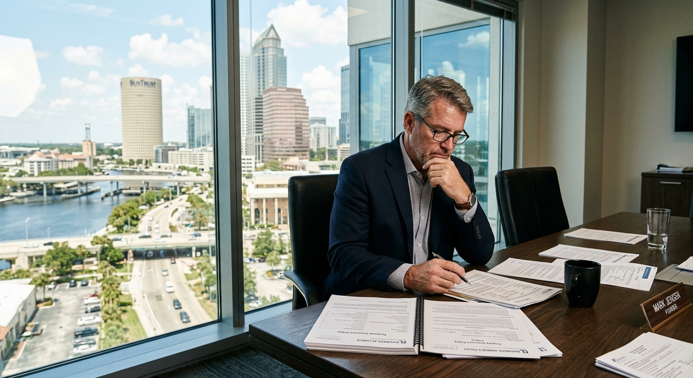 Florida small business owner reviewing commercial insurance documents at a desk in a professional office setting