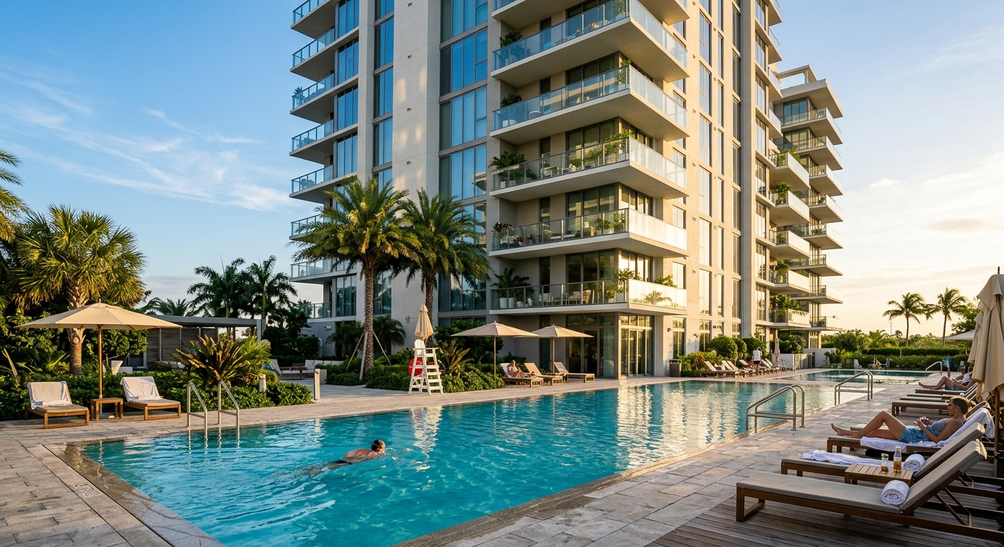 Aerial view of a Florida condominium complex with palm trees and a swimming pool on a sunny day