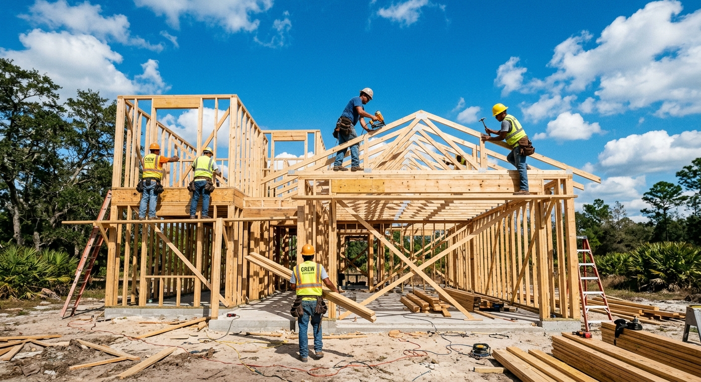 Florida construction workers framing a wood-structure home on a sunny job site with lumber and tools visible