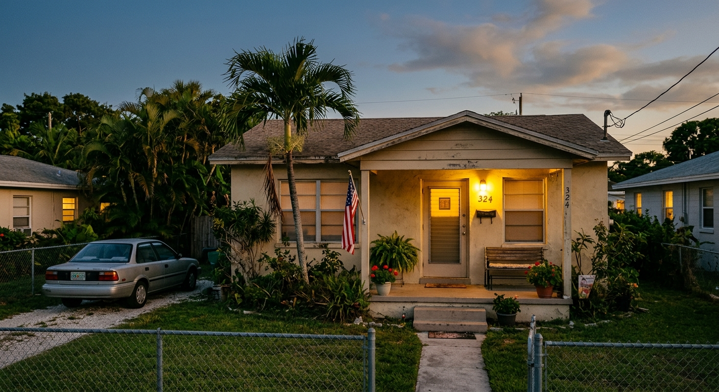 Aerial view of a Florida single-family rental home with a red tile roof surrounded by palm trees on a sunny day