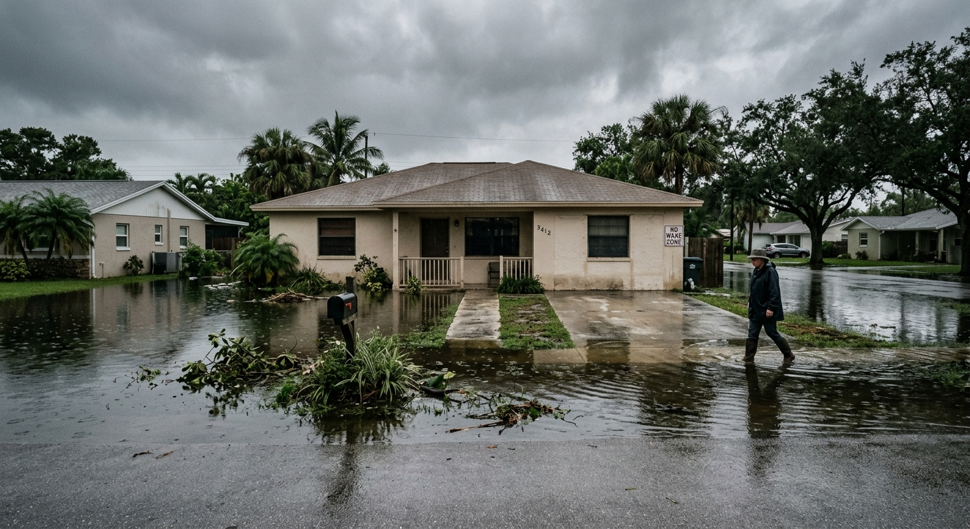 Flooded residential street in Central Florida with water surrounding homes after heavy rainfall