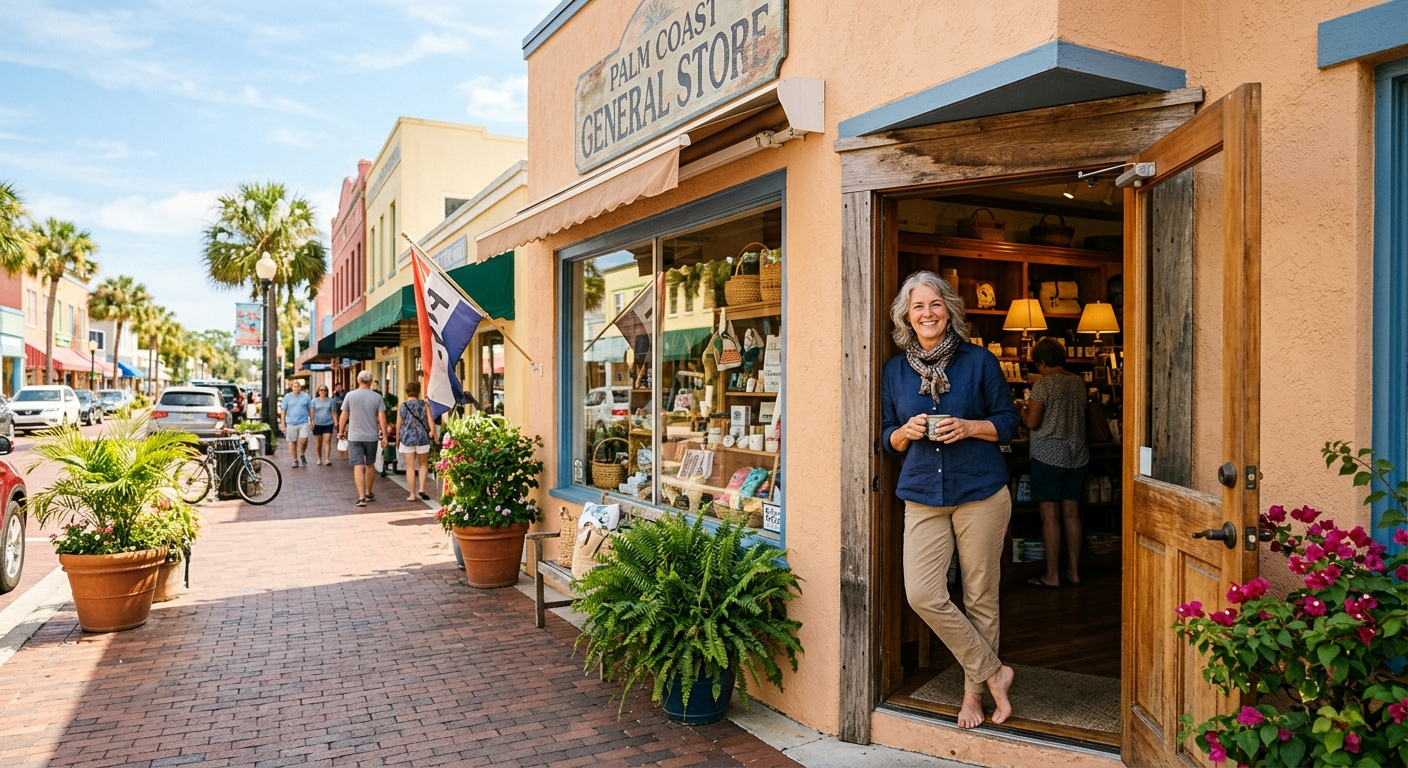 Small business owner reviewing insurance documents at a desk inside a Florida retail shop