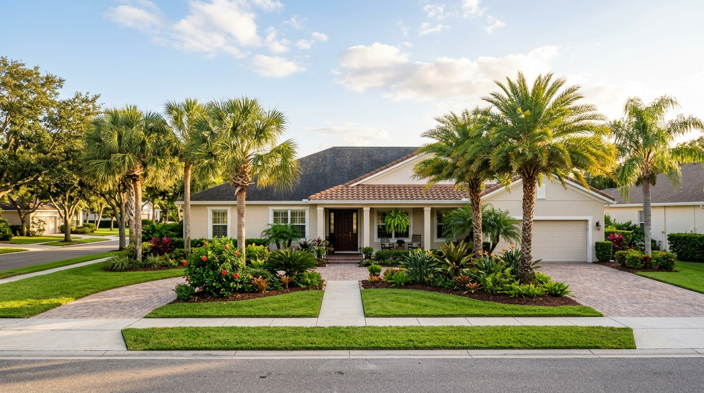 Aerial view of a Florida suburban neighborhood with tile-roof homes surrounded by palm trees under a partly cloudy sky