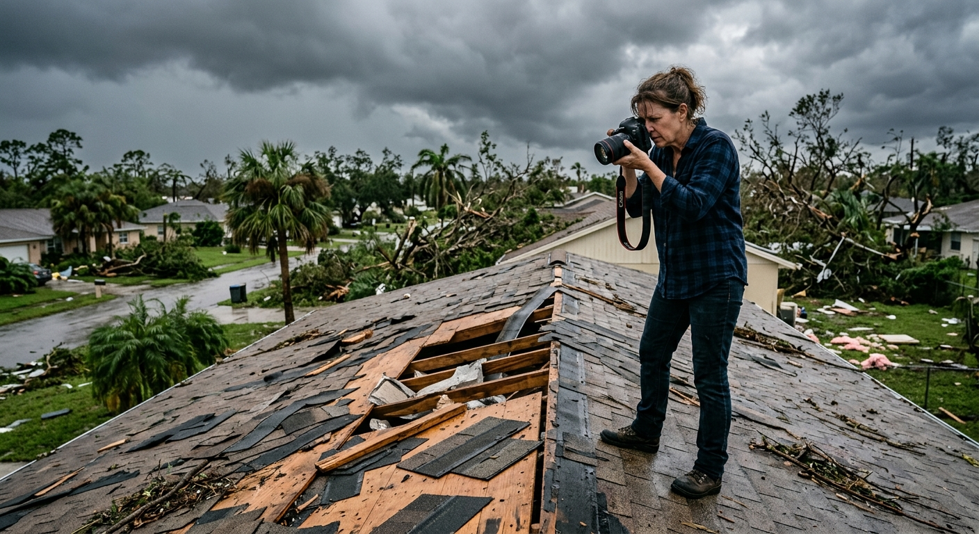 A damaged Florida home with roof tarps and debris on the lawn after a hurricane