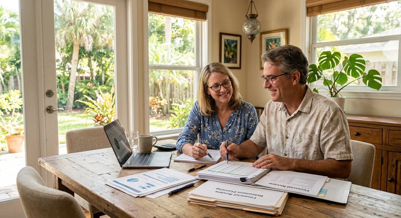 A Florida family sitting on a porch reviewing insurance documents together on a sunny afternoon