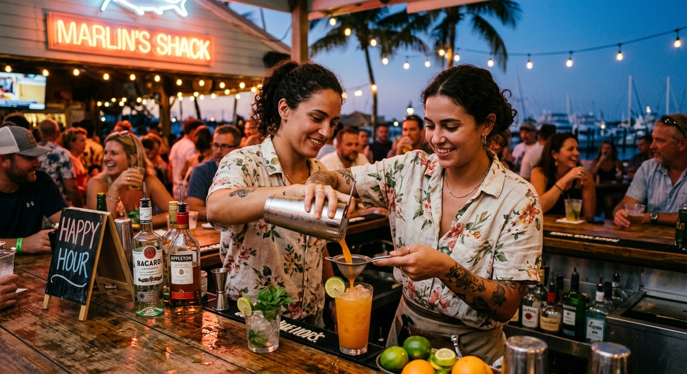 Bartender pouring a cocktail behind a polished wood bar inside a Florida restaurant at evening service