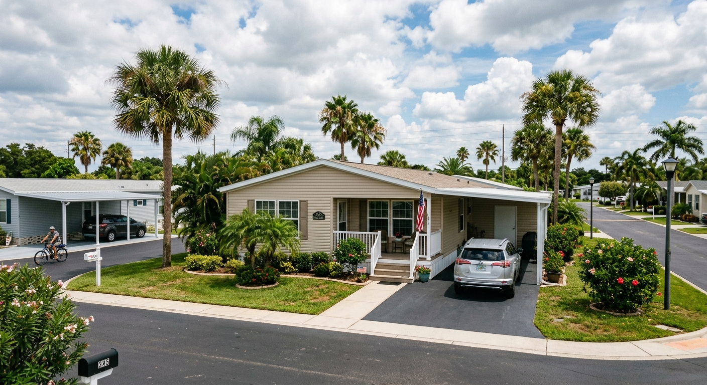 Aerial view of a Florida mobile home community surrounded by palm trees under a partly cloudy sky