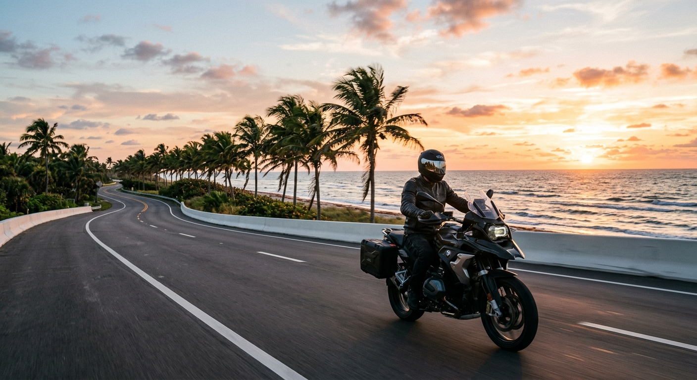 Motorcyclist riding on a sunny Florida highway with palm trees and blue sky in the background