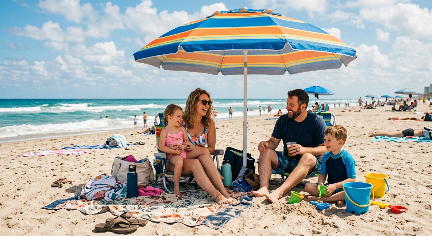 Florida family relaxing on a home patio near a pool on a sunny afternoon in Lakeland