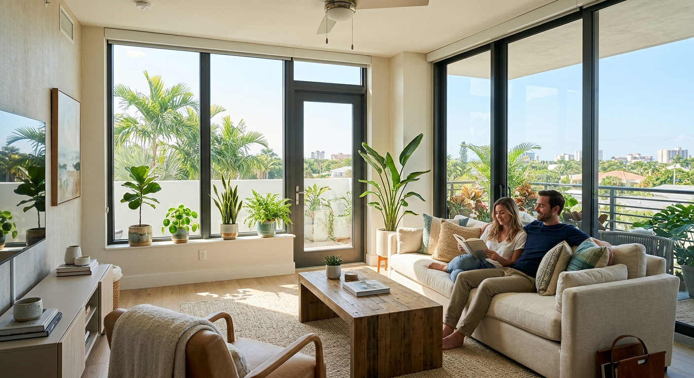 Young woman reviewing renters insurance documents at a desk in a sunny Florida apartment