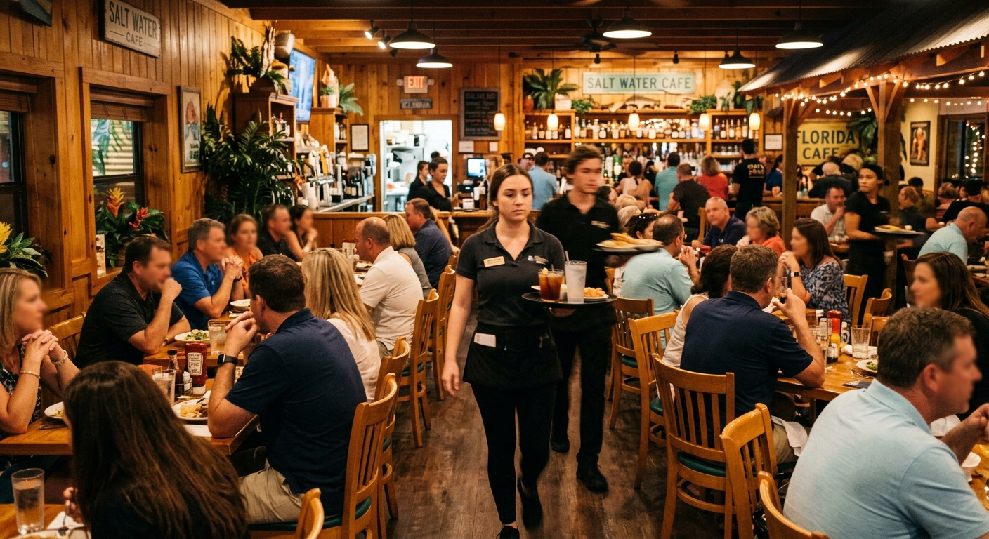 Busy Florida restaurant kitchen with chef plating dishes under bright overhead lights