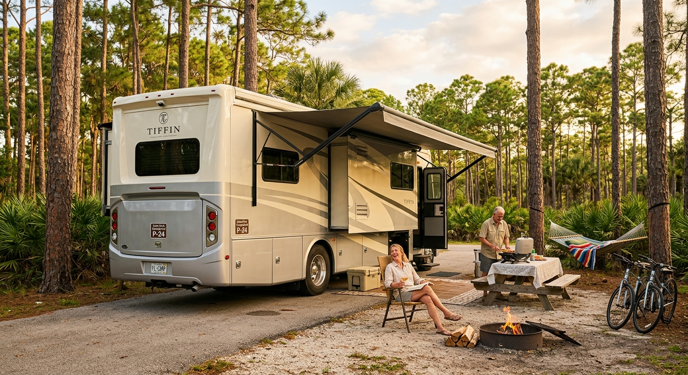 ATV rider on a Florida forest trail with an RV parked at a campsite in the background under clear skies