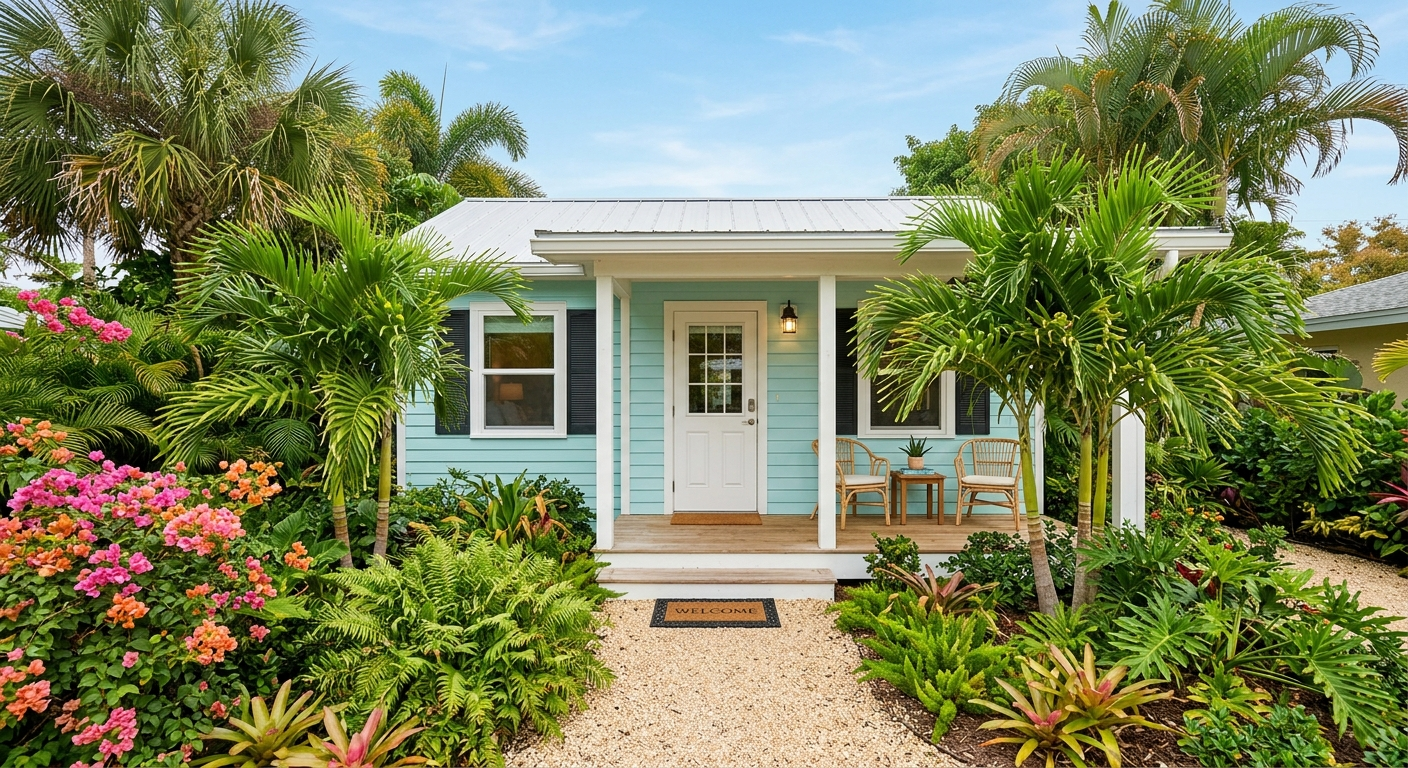 Exterior of a Florida vacation rental home with a pool and palm trees on a sunny day